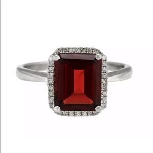 (SIZE 7.75) 14K White Gold 10x8mm Garnet Emerald Cut Diamond Cocktail Ring